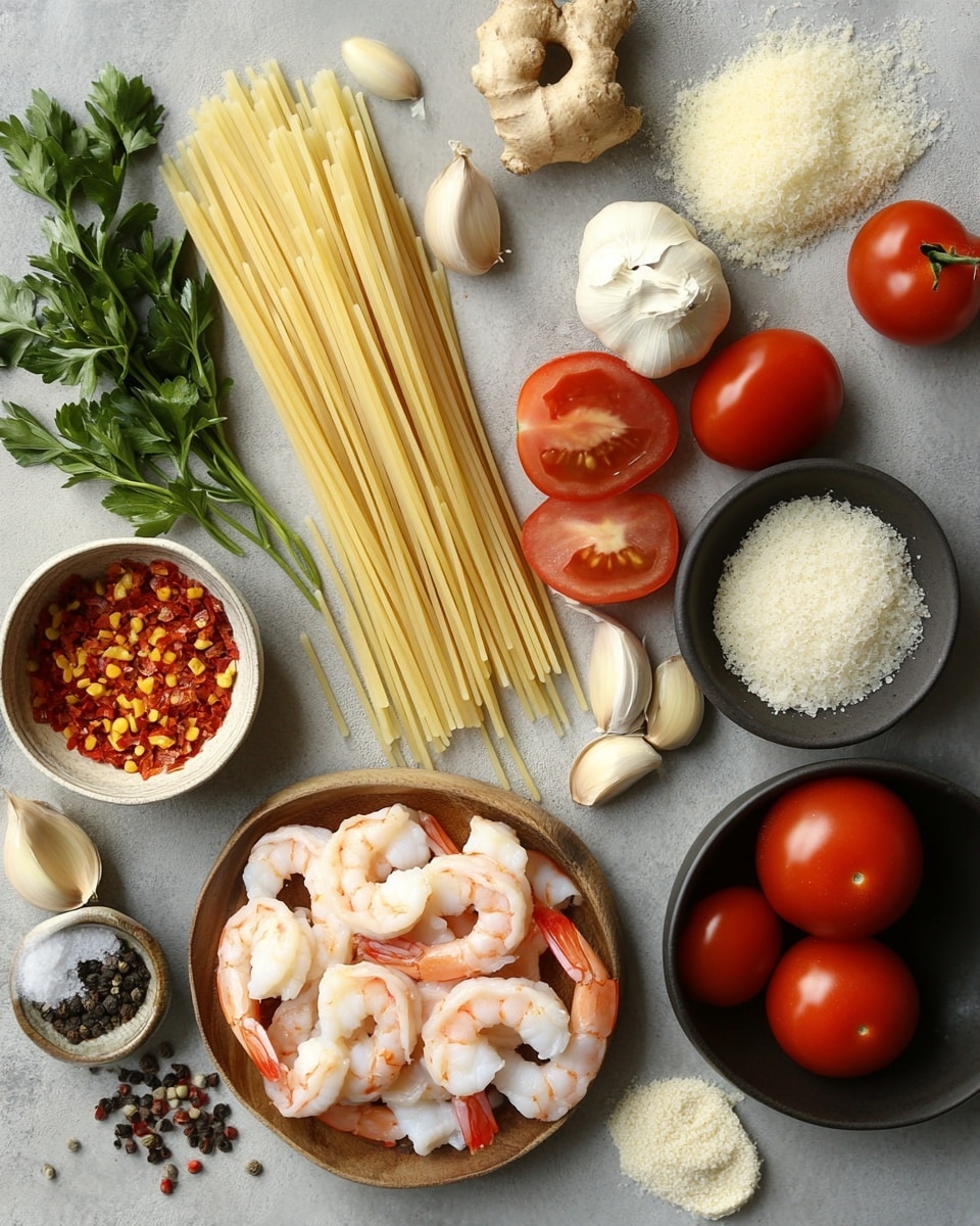 A skillet filled with creamy yellow spaghetti pasta mixed with browned shrimp scattered evenly throughout the dish. The shrimp have a slightly crispy, dark brown texture with a few spots of orange from their shells, and they are garnished with small bits of finely chopped green herbs. A woman's hand is holding blue and silver tongs, lifting and twisting a portion of the spaghetti in the center, showing the creamy sauce lightly coating each noodle. The skillet is set on a white marbled surface. Photo taken with an iphone --ar 4:5 --v 7