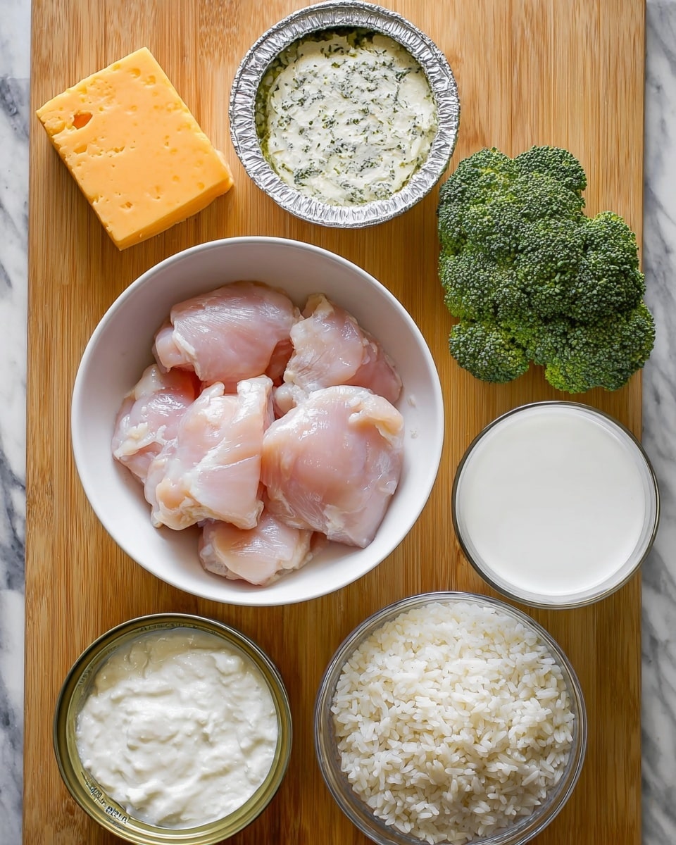 A white baking dish filled with a baked casserole topped with a thick, golden orange melted cheese layer with hints of browned spots and sprinkled green herbs; a spoon scoops out a portion revealing a creamy inside with three clear layers—the bottom with a beige rice and broccoli mix, the middle with tender light brown chicken pieces, and the top layer with melted orange cheese; the dish rests on a white marbled surface with a white and blue striped cloth partially visible underneath, photo taken with an iphone --ar 4:5 --v 7