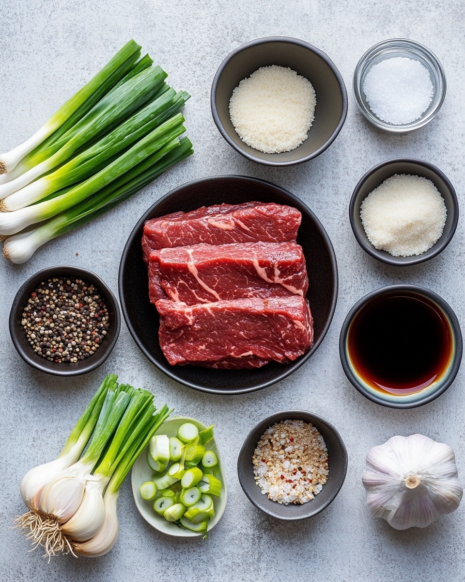The image shows two white bowls filled with three layers; the bottom layer is white rice with a soft texture, the middle layer consists of dark brown glossy pieces of meat coated in a thick sauce, and the top layer is fresh chopped green onions scattered across the meat. To the left, there is a black bowl filled with more dark brown sauced meat pieces. In the background, there are whole green onions placed on a white marbled surface. The photo taken with an iphone --ar 4:5 --v 7