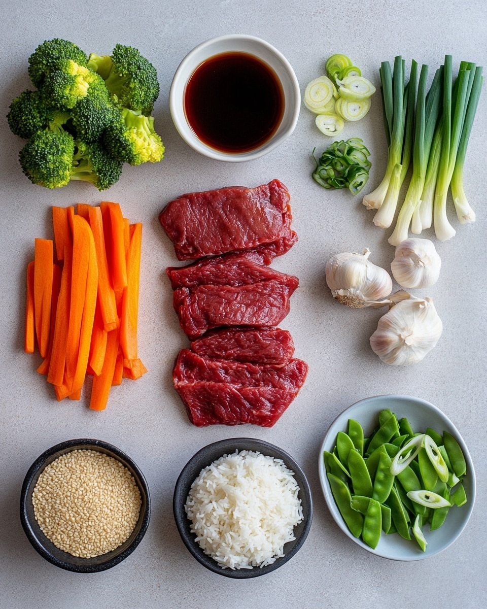 The image shows a close-up of a stir-fry dish with three main layers. The bottom layer is made up of bright green broccoli florets and vibrant red and yellow bell pepper strips with a slightly shiny texture. The middle layer features sugar snap peas and pale yellow onion slices that look crisp and fresh. On top are pieces of brown cooked beef streaked with sauce and sprinkled with small green chopped onions and white sesame seeds, adding texture and color contrast. The whole dish sits on a white marbled surface, with a rich sauce coating all ingredients, creating a glossy look. photo taken with an iphone --ar 4:5 --v 7