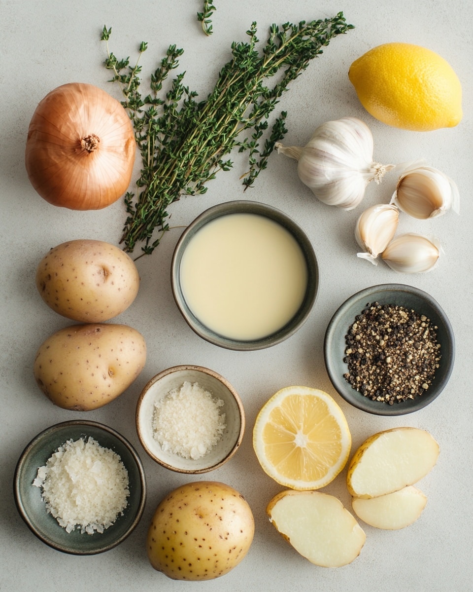 A white, creamy soup fills a white scalloped bowl, showing soft yellow potato chunks and dark brown mushroom pieces floating in the thick liquid. Several golden brown croutons sit on top, some slightly soaked by the soup, sprinkled with small green herb leaves and a bit of black pepper. A silver spoon is placed inside the bowl near the edge, with a white marbled background behind the bowl. Photo taken with an iphone --ar 4:5 --v 7