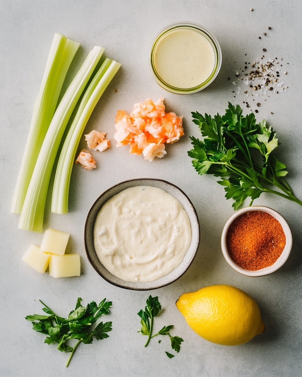 A white bowl holds a creamy crab salad with three main layers: large, torn pieces of white and red crab meat form the top layer, mixed with pale green diced celery in the middle, and small bits of light purple onion scattered throughout. The salad is covered lightly with a creamy white dressing and sprinkled with finely chopped green chives and black pepper. A silver fork is placed on the right side of the bowl. In the background, there is a small white bowl filled with more chopped green chives. The bowl sits on a white marbled surface with a striped cloth nearby. Photo taken with an iphone --ar 4:5 --v 7