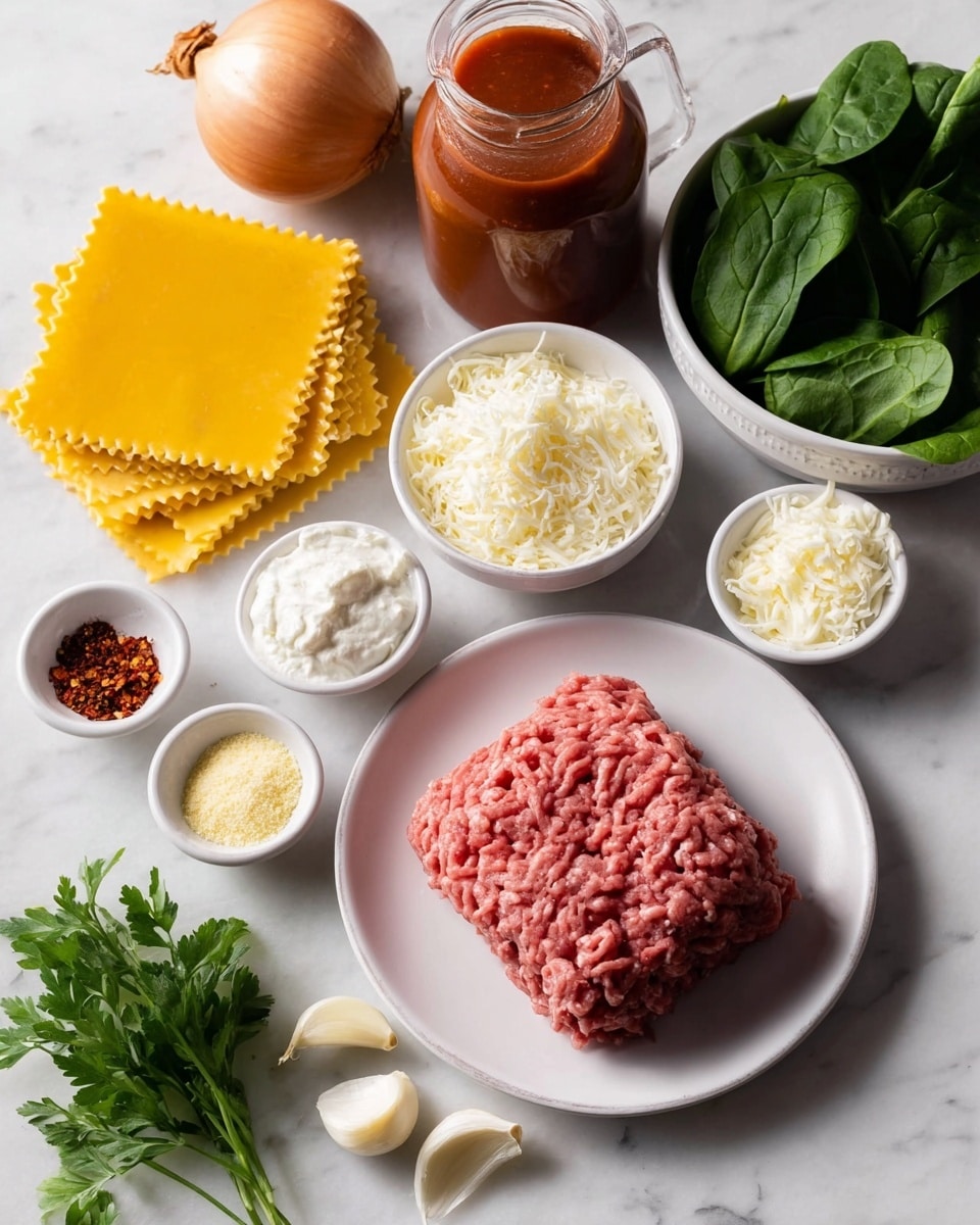 The image shows a white bowl filled with rich red tomato sauce containing large pieces of rolled lasagna pasta layered within the sauce. There are chunks of dark brown meat mixed in, and a dollop of smooth white ricotta cheese sits on top near the center. Bright green torn basil leaves are scattered over the sauce and cheese, with small flakes of red chili sprinkled on top. The bowl is set on a white marbled surface, next to a light beige cloth napkin and part of a white plate with golden toasted bread visible. Another bowl with the same dish is partially shown in the background. Photo taken with an iphone --ar 4:5 --v 7
