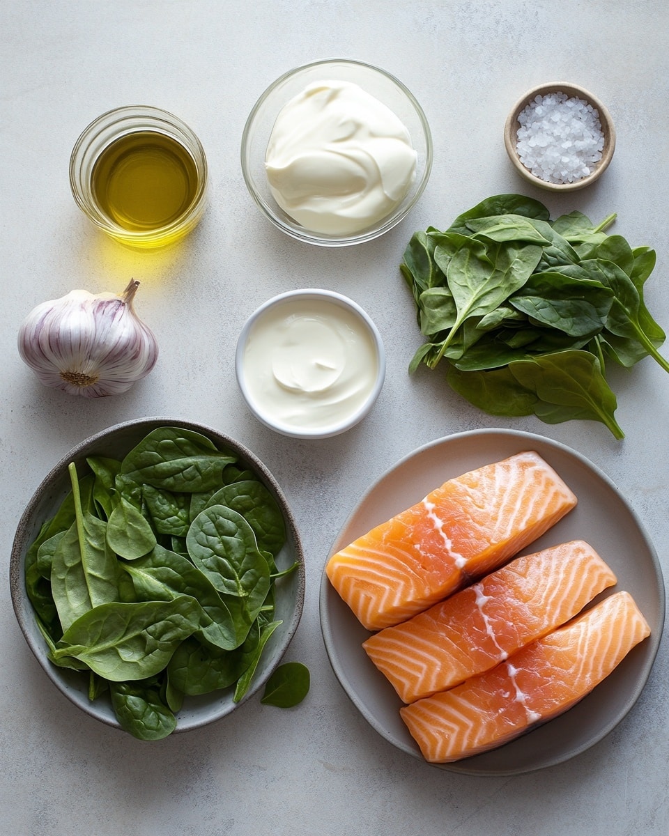 The image shows pieces of cooked salmon with a light orange-pink color and a slight char on the edges, each piece sitting on a dark green leafy base. On top, there is a thick layer of creamy white melted cheese with a few golden brown crispy bits sprinkled over it. The dish is placed on a surface with a white marbled texture, giving it a clean and bright look. photo taken with an iphone --ar 4:5 --v 7