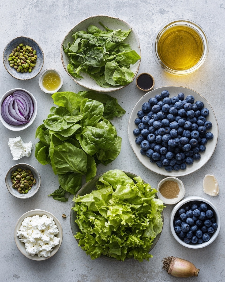 A close-up view of a colorful salad in a white plate placed on a white marbled surface, showing multiple layers: the base is made up of fresh green leafy spinach and arugula leaves with smooth and crinkled textures, scattered cucumber slices with pale green centers and darker green edges; on top, plump blueberries with a deep blue-purple color and glossy skins are spread evenly, mingled with light green pistachio nuts, some split to show the pale interiors, and thin, white flower petals adding delicate highlights. The whole salad is sprinkled lightly with small dark seeds and herbs, creating a fresh, vibrant look. photo taken with an iphone --ar 4:5 --v 7