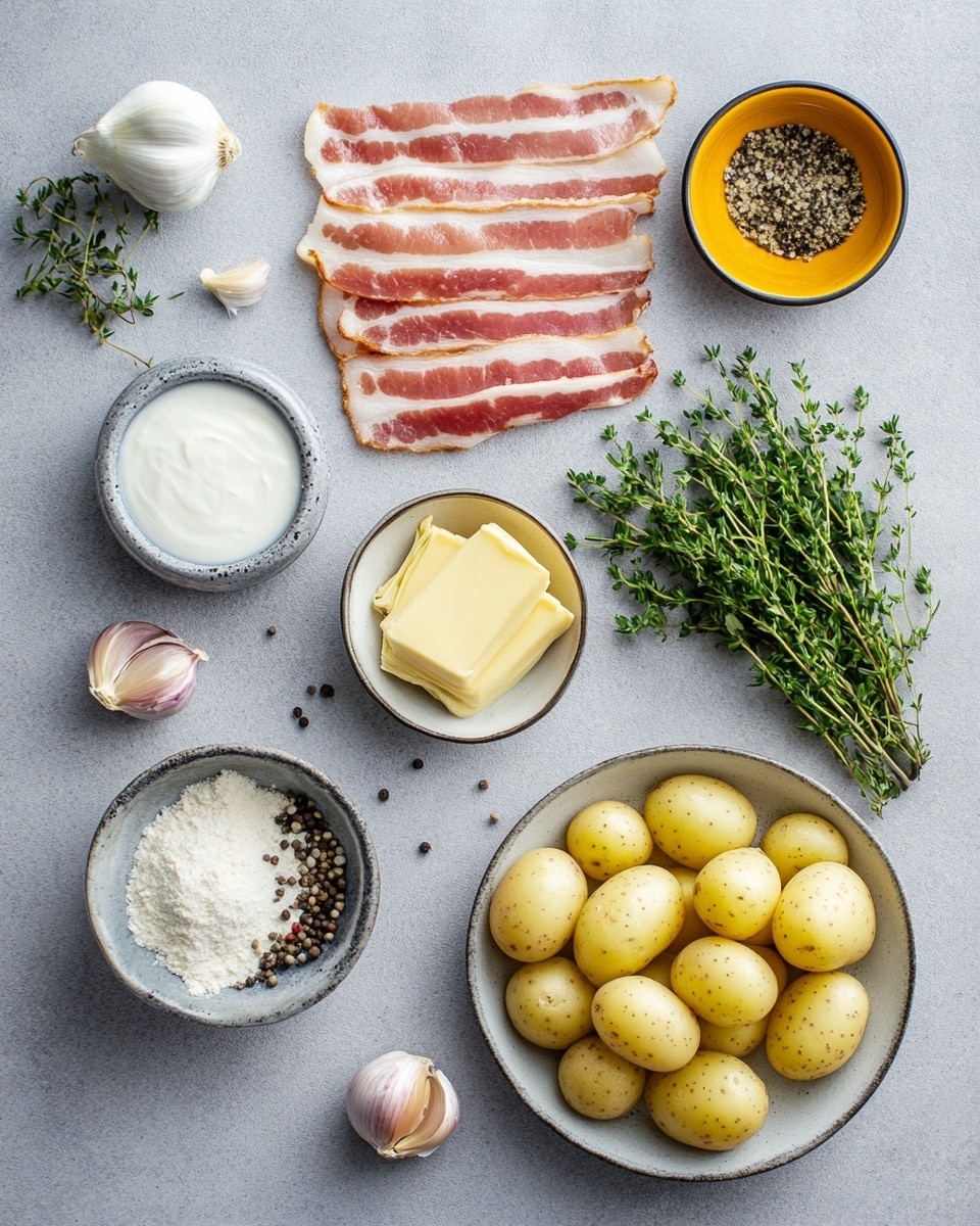A close-up view of creamy white chowder filled with light yellow potato chunks, small brown crispy bacon pieces, and bright green parsley leaves scattered on top. The chowder has a thick, smooth texture with visible bits of seasoning. A silver ladle holds a serving of the chowder, showing the mixture of potatoes, bacon, and parsley up close. The background has a white marbled texture. Photo taken with an iphone --ar 4:5 --v 7