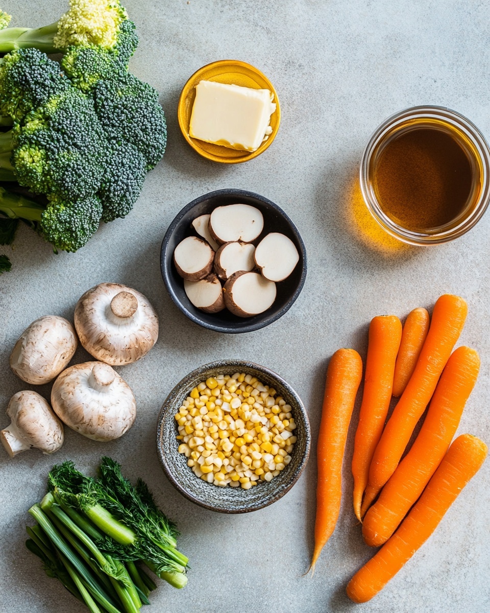 A white pot filled with a colorful mix of cooked vegetables including bright orange carrot slices positioned on the upper left, pale yellow baby corn spread throughout, vibrant green broccoli florets scattered around, red and yellow bell pepper strips layered on top, and sliced light brown mushrooms mostly on the right side; the vegetables have a shiny, slightly oily texture with some black pepper specks and small green herbs sprinkled on top, and a white spoon with a wooden handle rests inside the pot, partially covered by the vegetables, all set against a white marbled surface with a striped cloth nearby photo taken with an iphone --ar 4:5 --v 7