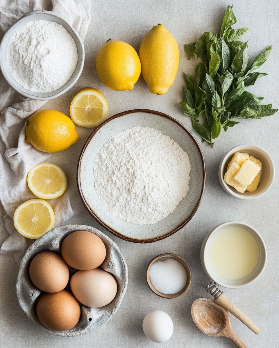 The image shows nine square pieces of light yellow cake arranged in two rows on a wooden board. Each cake piece has a soft, fluffy texture with a dusting of white powdered sugar on top. The wooden board rests on a white marbled surface, and in the background, there is a green bowl filled with whole and halved lemons with some green leaves visible. The scene also includes a silver knife placed at the edge of the board and some blurred kitchen items further back, giving a cozy, rustic kitchen vibe. photo taken with an iphone --ar 4:5 --v 7