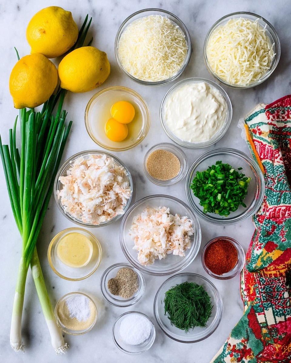 A white marbled surface holds multiple small clear glass bowls arranged in a loose grid. From top to bottom, there are two whole yellow lemons on the left and a half lemon on the top right. In the center are bowls containing shredded white cheese, panko breadcrumbs, and a mix of white shredded and chunked crab meat. Moving downward, there is a bowl with a raw egg, a bowl of mayonnaise, fresh chopped green onions, minced garlic, sour cream, and finely chopped dill. There are also small bowls with salt, ground black pepper, a reddish seasoning mix, and lemon juice. A bunch of long green onions is placed on the far left side, with a colorful red, green, and white patterned cloth on the right. photo taken with an iphone --ar 4:5 --v 7