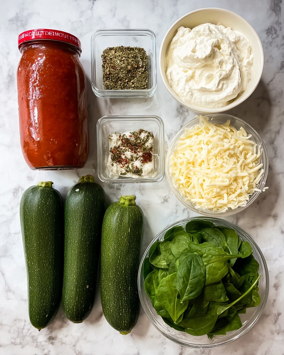 The image shows rolled zucchini slices filled with a creamy light filling, placed in a white baking dish and two white plates. Each zucchini roll is covered with a thick bright red tomato sauce and small fresh green herb leaves are scattered on top. The rolls are arranged close together, with the white baking dish on the left and two plates with several rolls on the right, each plate featuring a silver fork beside the food. The scene is set on a white marbled surface. Photo taken with an iphone --ar 4:5 --v 7