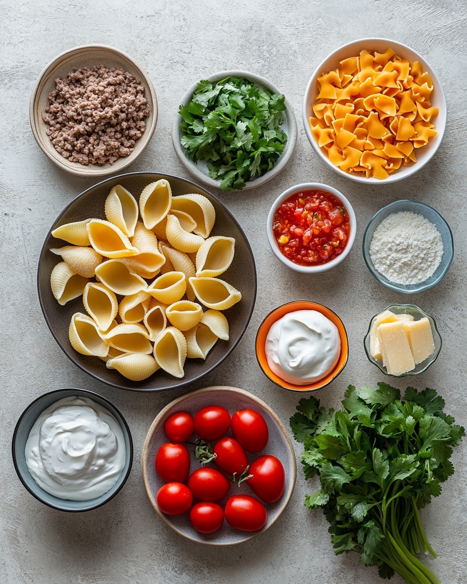 A white rectangular baking dish filled with two layers of pasta shells stuffed with a browned filling, covered by a layer of melted orange cheese. On top, there are scattered bright red diced tomatoes and chopped fresh green herbs, with small dollops of white sour cream drizzled across. The baking dish sits on a white marbled surface, surrounded by wooden bowls of chopped herbs and diced tomatoes. Photo taken with an iphone --ar 4:5 --v 7