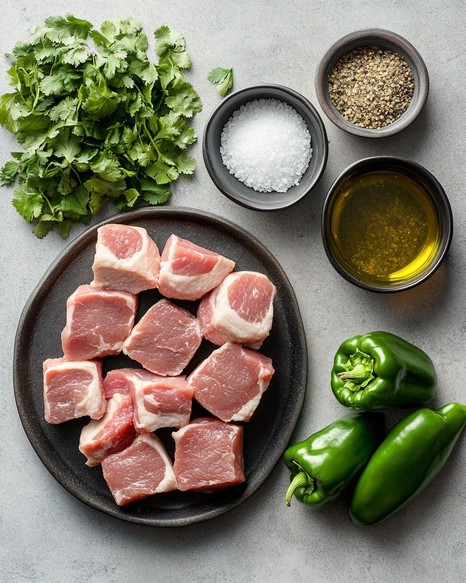 The image shows a close-up of a white square dish filled with a thick, green stew. The stew has a chunky texture with visible pieces of meat mixed into a dense, green sauce that looks somewhat grainy. A wooden spoon is scooping some of the stew, lifting chunks of the meat along with the sauce. The background is softly blurred but shows a white marbled surface and some green herbs in the distance. The overall color is dominated by various shades of green and brown, giving a fresh and hearty feeling. Photo taken with an iphone --ar 4:5 --v 7
