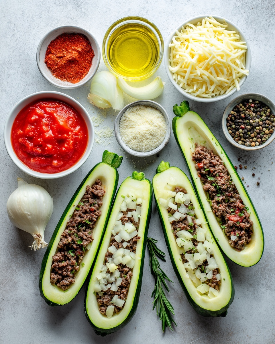 Three zucchini halves form the base layer, each hollowed out and dark green on the outside with a moist, pale green interior. They lie close together on a white marbled surface, filled with a thick layer of brown ground meat mixed with red tomato sauce, creating a crumbly and chunky texture. A melted layer of light yellow cheese covers the meat, glossy and dripping slightly over the edges. Small green herb leaves scattered on top add a fresh look. Photo taken with an iphone --ar 4:5 --v 7