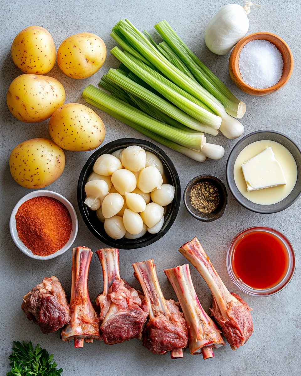 The image shows four large pieces of dark brown meat with rich textures sitting in a deep red sauce with a glossy finish. On top of the meat, there is a brown stick-like spice and a single large bay leaf. Small green herb leaves are scattered around, adding a fresh touch to the dish. The meat looks tender with visible bone pieces and is fully covered in the thick sauce. The background surface is a white marbled texture photo taken with an iphone --ar 4:5 --v 7