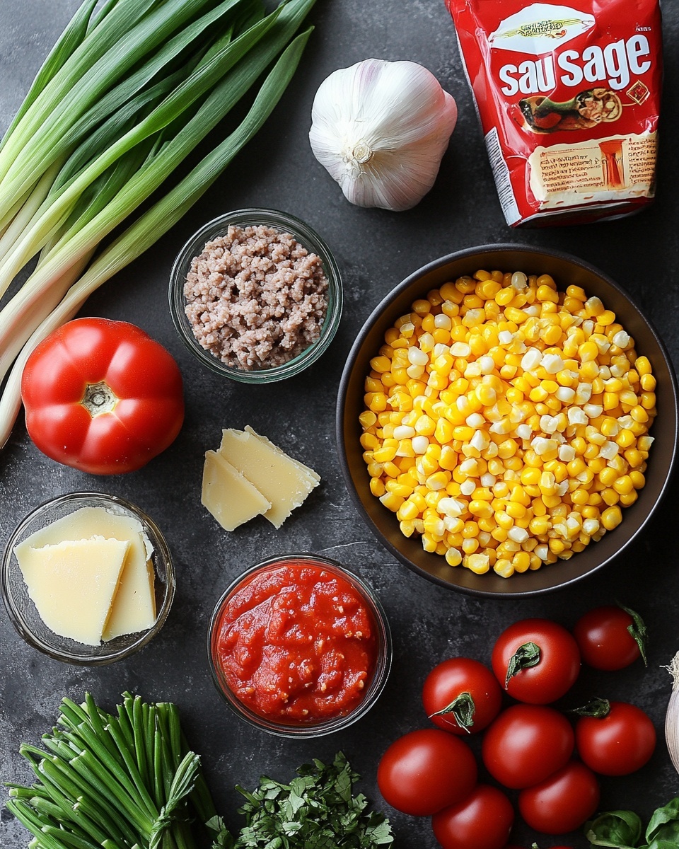 The dish is a thick creamy dip in a white bowl, filled with a pale beige sauce mixed with small bits of browned meat and yellow corn kernels. On one side, a pile of bright red diced tomatoes and shredded orange-yellow cheese sit on top of the dip. A single tortilla chip, light yellow with a rough texture, is dipped into the creamy mixture near the edge of the bowl. The background surface is white marble, and there are more tortilla chips visible next to the bowl. Photo taken with an iphone --ar 4:5 --v 7