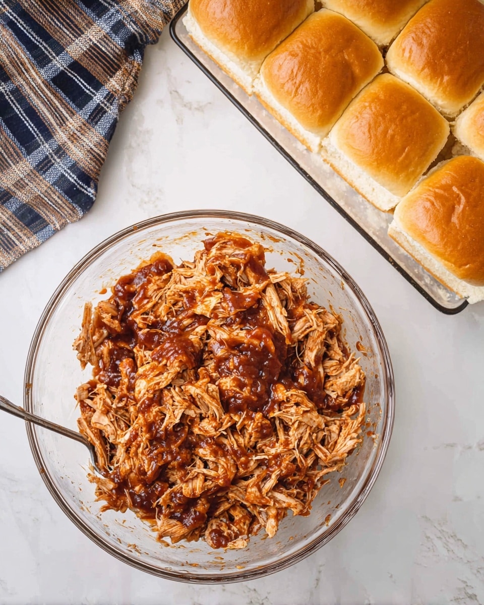 A clear glass bowl sits on a white marbled surface, filled with shredded chicken mixed with a rich, sticky brown barbecue sauce, showing strands and clumps of meat coated evenly. To the upper right of the bowl, there are nine soft, golden-brown slider buns grouped together in a tight square, their tops smooth and slightly shiny. A checkered cloth with blue and brown lines lies folded to the left side of the bowl. Photo taken with an iphone --ar 4:5 --v 7
