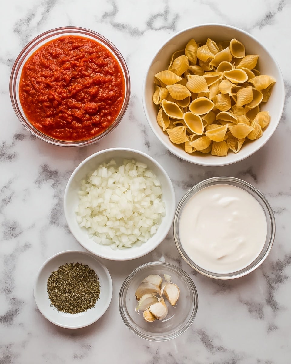 The image shows six bowls on a white marbled surface, each with different ingredients for cooking. In the top left, there is a clear glass bowl filled with bright red tomato sauce that has a chunky texture. To the right, there is a large white bowl holding uncooked yellow shell pasta. Below the tomato sauce, a smaller white bowl contains finely chopped white onions. Next to it on the right is a clear glass bowl filled with white cream. At the bottom left, a small white bowl holds dried green herbs, and next to it, a small white bowl has minced garlic. photo taken with an iphone --ar 4:5 --v 7