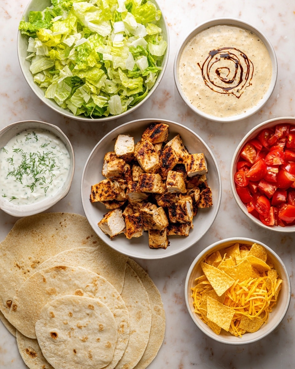 The image shows a close-up of a wrap cut in half and stacked, with a bamboo skewer holding the top half in place. The wrap has a soft, white outer tortilla with light brown grill marks. Inside, there are thick slices of white cooked chicken with brown edges, fresh green lettuce leaves, bright red tomato pieces, and a creamy light green sauce with herbs spread unevenly throughout. Past the chicken, there is a visible layer of scrambled eggs with a light yellow color and small green bits mixed in. The wrap sits on a white plate with a rough texture, on a surface with a white marbled texture. Next to the plate, there is a white bowl with a creamy dipping sauce inside. Photo taken with an iphone --ar 4:5 --v 7