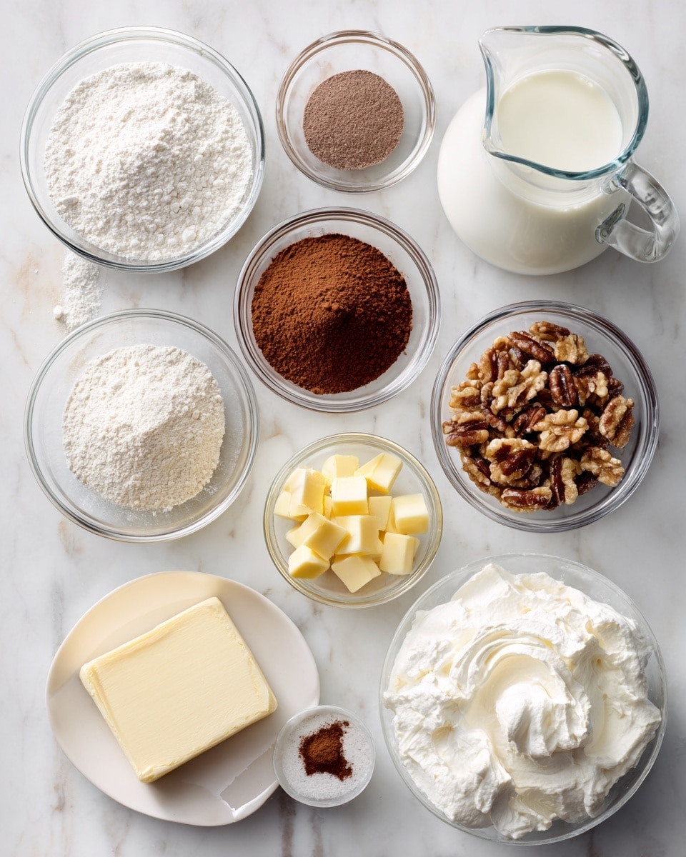 The image shows several small bowls and a glass pitcher placed on a white marbled surface. There are eight distinct items: a bowl filled with white flour, a bowl with brown cocoa powder, a small bowl of yellow butter cubes, a tiny clear bowl with white salt, a pitcher of white milk, a bowl with white powdered sugar, a bowl with chopped nuts in brown shades, a bowl with a block of cream cheese on a white plate, and a large bowl filled with white whipped cream. All the bowls are clear glass except the cream cheese, which rests on the white plate. The setup appears neat and organized, ready for baking preparation. Photo taken with an iphone --ar 4:5 --v 7