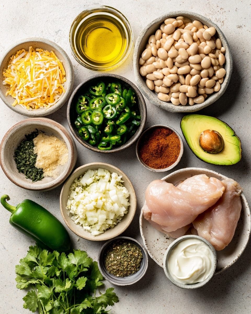 A white bowl filled with three main layers: the bottom layer is a creamy orange soup with chunks of chicken and cooked vegetables, the middle layer shows white rice submerged in the soup, and the top layer is adorned with several green avocado cubes, dark green chopped herbs and scallions, a dollop of white sour cream, shredded white cheese, and two large toasted tortilla chips resting on one side, all placed on a white marbled surface with a slice of light brown bread with green herb bits and scattered crumbs nearby; a vintage silver spoon is placed inside the bowl, and a folded beige cloth with black stripes sits at the bottom right corner, photo taken with an iphone --ar 4:5 --v 7
