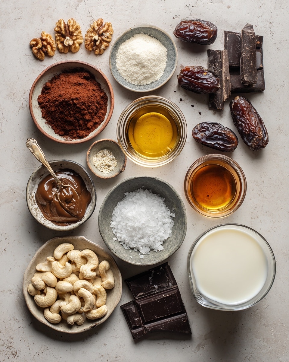 A tray with several square desserts, each having three clear layers: the bottom layer is dark brown and dense, the middle layer is light tan and smooth, and the top layer is dark and glossy chocolate. Each square is topped with a single pecan half and some white flakes scattered on the chocolate. The tray is on a white marbled surface, and a knife with a light wooden handle lies next to it with some crumbs around. A small wooden bowl with white flakes is also near the tray photo taken with an iphone --ar 4:5 --v 7