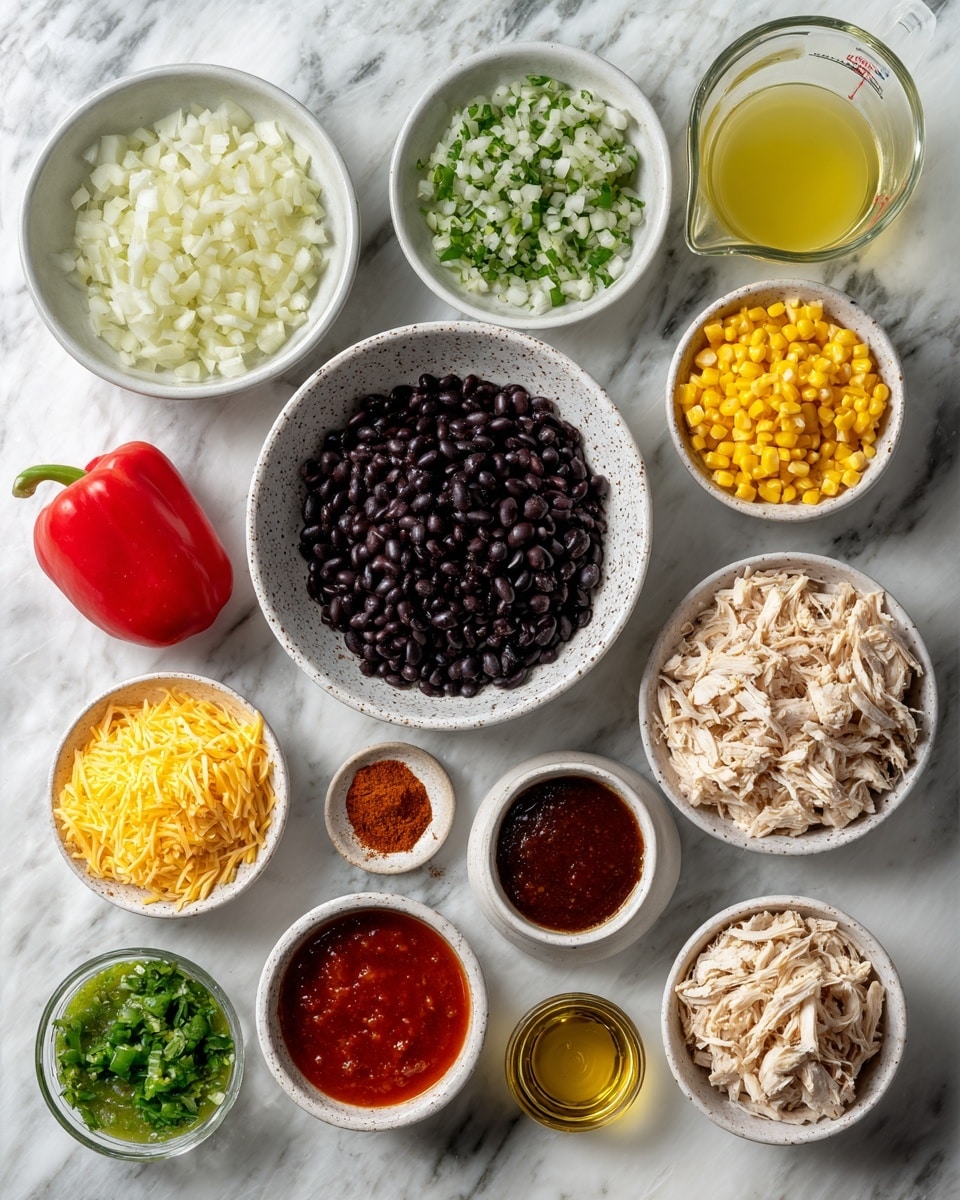 Top view of various ingredients for a dish arranged on a white marbled surface. Centered is a white speckled bowl filled with shiny black beans. Surrounding it, from top left going clockwise, are small white bowls with finely chopped white onions, chunky green salsa, a whole red bell pepper, white bowl of yellow corn kernels, white bowl of shredded cheese, a glass measuring cup with light yellow broth, a white speckled bowl heaped with shredded cooked chicken, a white bowl with cooked brown rice, a small glass bowl containing dark red tomato paste, a small glass bowl of golden oil, and a white bowl filled with reddish-brown spice mix in the middle near bottom. photo taken with an iphone --ar 4:5 --v 7