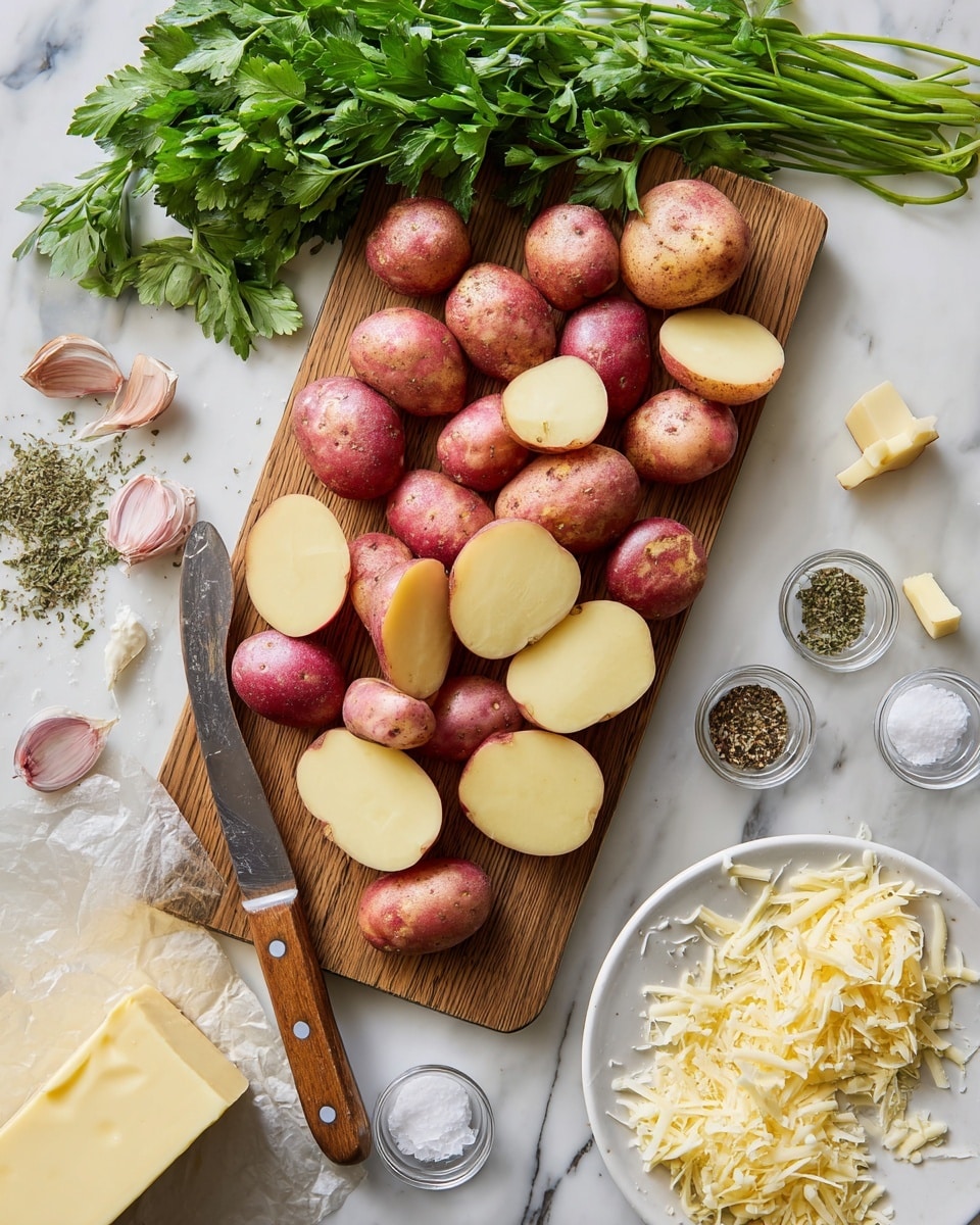 A wooden cutting board filled with many small red-skinned potatoes, some whole and some sliced in half to show their pale yellow inside, placed on a white marbled surface. A knife with a wooden handle rests on the board beside the potatoes. Fresh green parsley lies above the cutting board. To the right on the white marbled surface, there is a stick of yellow butter wrapped in paper, a few garlic cloves, and small glass containers holding salt, black pepper, and dried herbs. A white plate with shredded cheese sits partially visible in the lower right corner. photo taken with an iphone --ar 4:5 --v 7