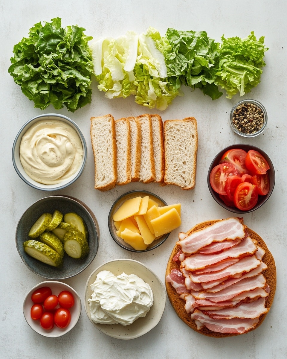 A thick sandwich sits on a piece of rustic wood, layered with toasted golden bread on the top and bottom. The bottom bread layer holds a creamy white spread and fresh green lettuce, followed by slices of grilled white chicken. Above the chicken, there are bright red tomato slices next to crispy reddish-brown bacon strips. The sandwich is thick and juicy with visible textures of the chicken and bacon, all arranged neatly between the two thick bread slices. The background shows a soft white marbled texture. photo taken with an iphone --ar 4:5 --v 7