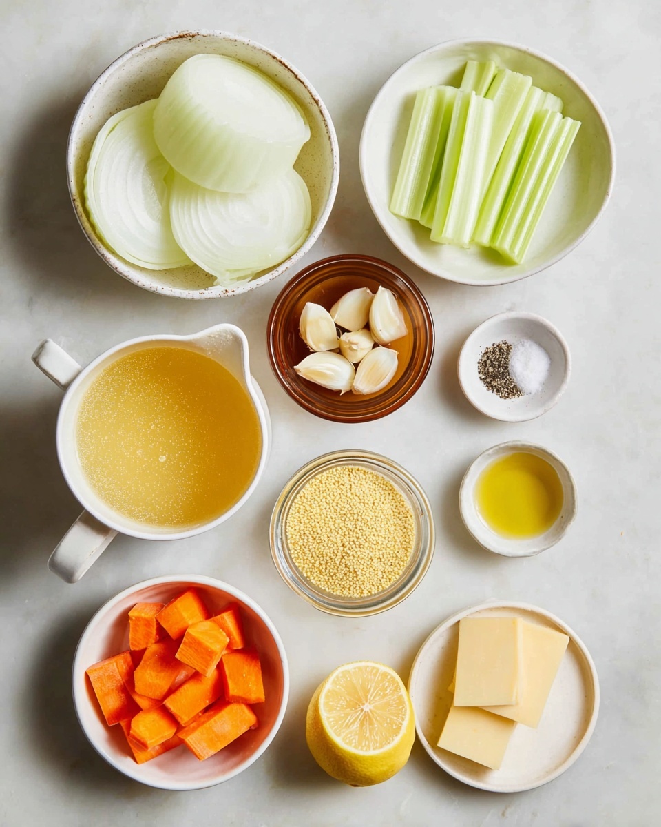 The image shows nine small bowls and containers arranged on a white marbled surface. The top left bowl holds thick white onion slices with a smooth texture and light shine. To its right, a white bowl holds several light green celery sticks with crisp edges. Below the onion bowl is a white ceramic cup filled with pale yellow broth, smooth and slightly translucent. Below the broth cup is a small brown glass bowl containing several peeled garlic cloves, white and glossy. Moving to the right of the celery bowl, there is a small white dish with salt and black pepper arranged side by side, the white salt grainy and the black pepper coarse. Below that salt and pepper dish, a white bowl contains bright orange carrot chunks with soft edges. Below the garlic bowl, a small white plate holds two rectangular pale yellow cheese slices with a smooth surface. Next to the plate, a tiny white bowl contains a small amount of golden olive oil. Finally, at the bottom center, a brown bowl filled with tiny yellow millet grains is displayed next to two lemon halves, the lemons bright yellow with visible juicy texture. photo taken with an iphone --ar 4:5 --v 7