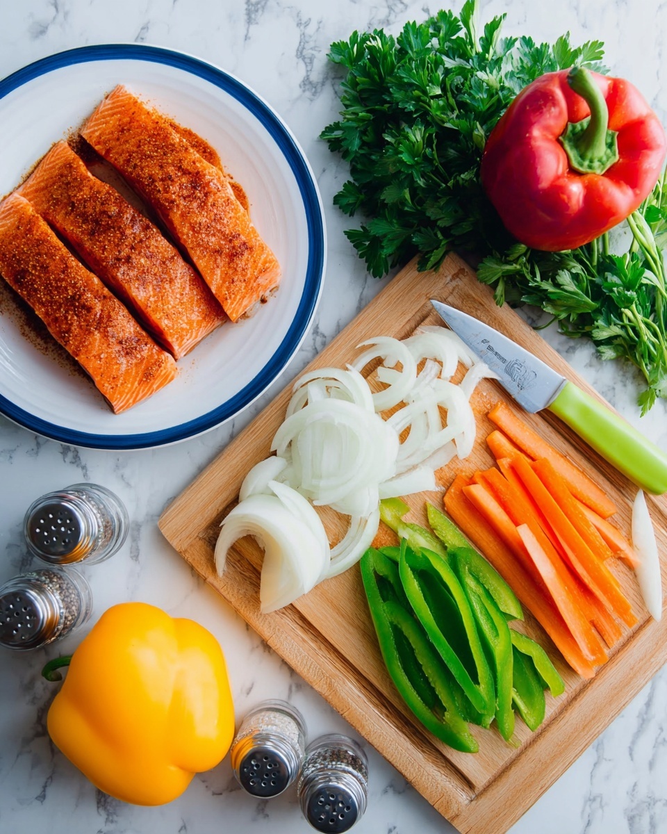 The image shows a top view of fresh cooking ingredients on a white marbled surface. On the left, a white plate with a blue rim holds three slices of raw salmon covered with a reddish-brown spice mix. Below the plate, a whole yellow bell pepper sits on the marble. In the center, a wooden cutting board displays three neat piles: thick white onion slices on the left, bright green bell pepper strips in the middle, and orange carrot sticks to the right. A whole red bell pepper and fresh green parsley rest at the top right corner of the board. Next to the parsley, there is a small knife with a white blade and a bright green handle. Two small silver salt and pepper shakers are placed between the plate and the cutting board. Photo taken with an iphone --ar 4:5 --v 7