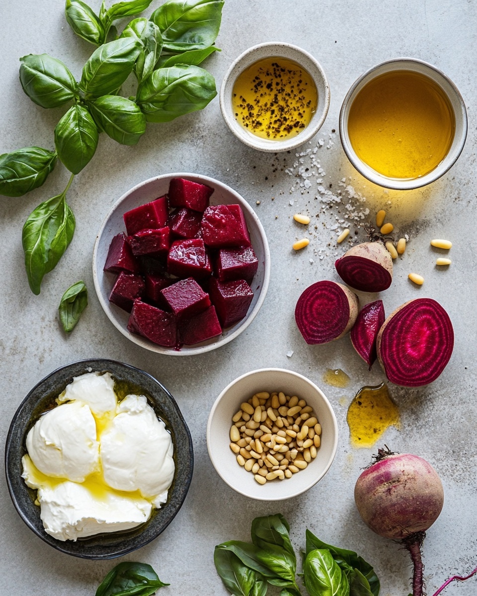 A white dish holds a colorful salad with three main layers: the bottom layer is a mix of dark purple and bright orange cubed vegetables, likely beets and squash, scattered evenly. On top of the veggies sits a round piece of creamy white cheese, slightly browned with a soft texture. Over the cheese and vegetables, golden toasted pine nuts and fresh green basil leaves are sprinkled, adding texture and color contrast. The dish is lightly drizzled with dark balsamic glaze and olive oil, giving a glossy finish. The background is a white marbled surface with some sprigs of herbs nearby. Photo taken with an iphone --ar 4:5 --v 7