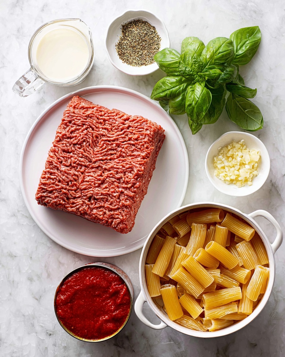 A white plate holds a large square block of ground meat, reddish-brown with a textured surface of tightly packed strands. To the top left on a white marbled background, a clear glass measuring cup with a handle contains a small amount of cream, pale off-white and smooth. Above the plate, a small white bowl is filled halfway with minced garlic, light yellow and coarse, and the other half with a mix of dried herbs in shades of green and brown. To the right, a bunch of fresh basil leaves in bright green with a smooth, slightly shiny surface rests on the white marbled texture. Below the basil is an open can of deep red tomato sauce with a rustic textured surface and a partially peeled back rusty red lid. At the bottom right, a white pot filled with cooked rigatoni pasta, yellow-beige with a smooth surface and hollow tubes, sits on the same white marbled texture background. photo taken with an iphone --ar 4:5 --v 7