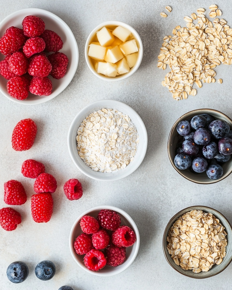 Three square oat and berry bars sit on a white plate, each bar showing a thick, crumbly top layer mixed with oats and sliced almonds. Below the top layer, a dark purple berry filling peeks through, with visible blueberries and a slightly shiny texture. The bars have a golden brown color from the oats and nuts, and the edges are rough and uneven. Around the plate on a white marbled surface, fresh strawberries and blueberries are scattered, adding bright red and blue colors to the scene. photo taken with an iphone --ar 4:5 --v 7