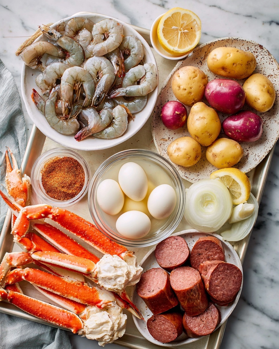 This image shows a large white tray with different seafood and sides arranged neatly on a white marbled surface. On the top left is a white bowl filled with raw gray shrimp, their shells and tails still on. To the right, a white speckled oval plate holds a pile of small red and yellow potatoes. Below the shrimp is a clear bowl with several white hard-boiled eggs, smooth and round. Around the tray are orange snow crab legs, some with claws showing, placed with pieces of lemon wedges and sliced white onion rings. Near the bottom right is another white speckled bowl filled with thick slices of reddish-brown sausage. In the center of the tray is a small white cup holding a reddish spice mix. The whole scene is bright and well-lit, photo taken with an iphone --ar 4:5 --v 7