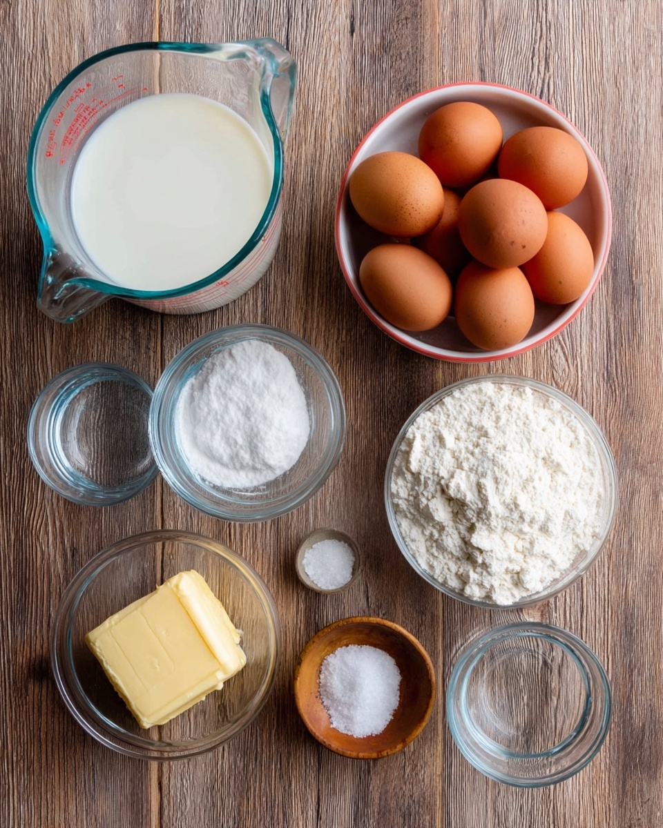 The image shows eight cooking ingredients arranged on a wooden surface. From left to right, there is a clear glass measuring cup with milk, next to it a clear glass filled with water. Below them are four brown eggs placed closely together. To the right, a white bowl holds a large amount of white flour, beside it is a smaller white bowl with white sugar. Below the sugar bowl, a small clear bowl contains a pat of yellow butter, and last, a small wooden bowl with a pinch of salt. The setup is neat and simple, with each ingredient clearly visible photo taken with an iphone --ar 4:5 --v 7
