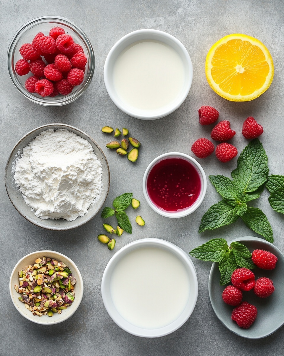 The image shows several small white panna cotta desserts on white plates placed on a white marbled surface. Each panna cotta is smooth and creamy with a pale vanilla color and has a bright red raspberry sauce drizzled over the top, flowing down the sides in glossy streams. On top of each panna cotta, there is a single fresh raspberry, bright green mint leaves, and chopped pistachios adding texture and color contrast. Scattered around the plates are loose raspberries and small bits of pistachio, along with antique-style gold and silver spoons nearby. The overall look is fresh, elegant, and inviting with a soft natural light. Photo taken with an iphone --ar 4:5 --v 7