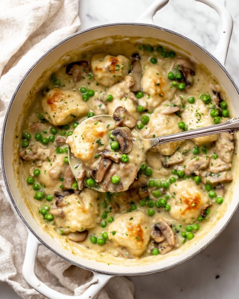 Chicken and Dumplings with Leeks, Mushrooms, and Peas Recipe