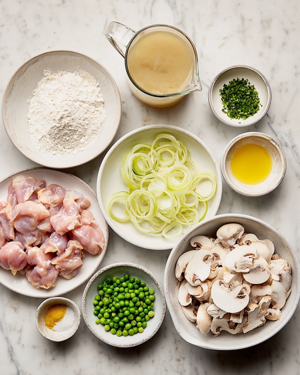 In a white bowl with a brown rim, there is a thick stew made up of several layers: the base layer is a light greyish gravy covering the bottom, topped with chunks of light beige chicken meat scattered around; mixed throughout are bright green peas that add spots of color, and slices of brown mushrooms with a soft texture. Large, pale yellow dough pieces are spread evenly on top, some sitting on the edge and one on a spoon resting inside the bowl. The spoon has a shiny metal bowl and a light brown wooden handle. The bowl sits on a white marbled surface, with small dishes of green peas and chopped chives nearby. Photo taken with an iphone --ar 4:5 --v 7