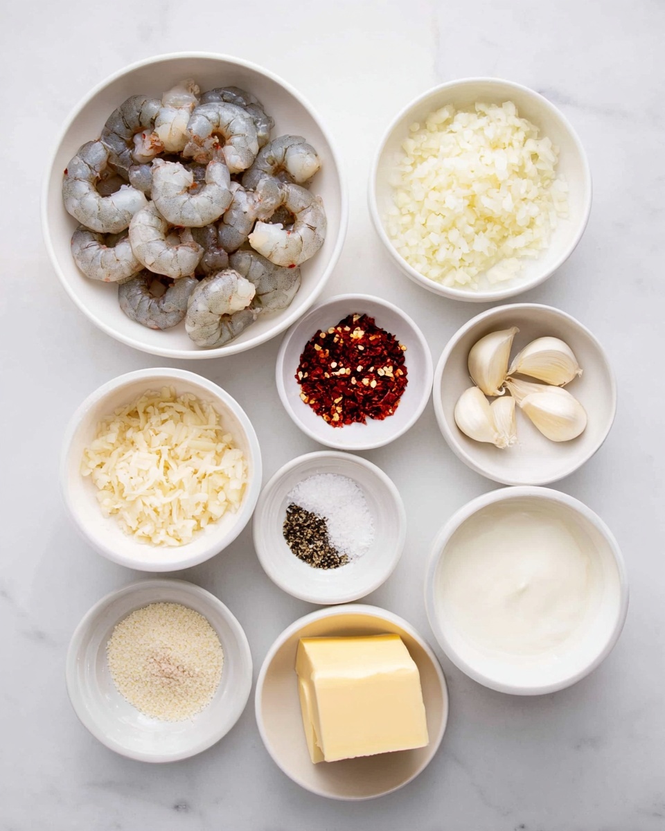 The image shows nine white small bowls arranged on a white marbled surface, each holding different ingredients: one bowl with raw peeled shrimp that are grayish with dark tails, another with finely chopped white onions, a bowl with red chili flakes, one holding granulated white salt, another with white and black ground pepper, a bowl with three peeled garlic cloves, one with a pale yellow stick of butter, a bowl with a light yellow grated cheese, and the last containing thick white cream. All the bowls are placed separately in a neat layout with the shrimp bowl on the top right corner. Photo taken with an iphone --ar 4:5 --v 7