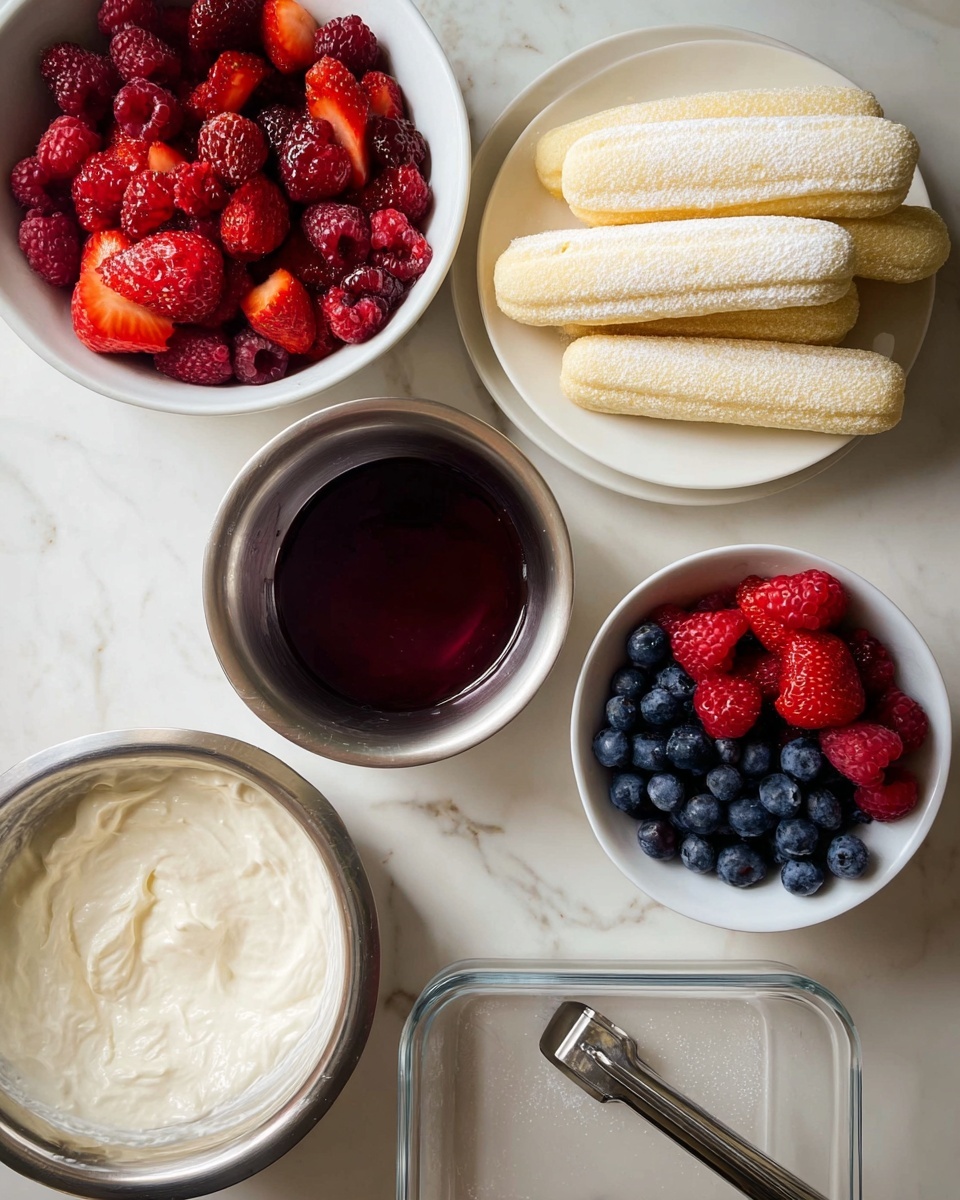 The image shows ingredients for a dessert arranged on a white marbled surface: a white bowl filled with red and blue berries including strawberries, raspberries, and blueberries on the upper right; a white plate with light yellow ladyfinger cookies dusted with powdered sugar on the left center; a metal bowl with a dark red liquid in the lower left; a metal bowl with thick white cream in the upper left; a clear rectangular glass dish with a silver spatula inside in the lower right. photo taken with an iphone --ar 4:5 --v 7