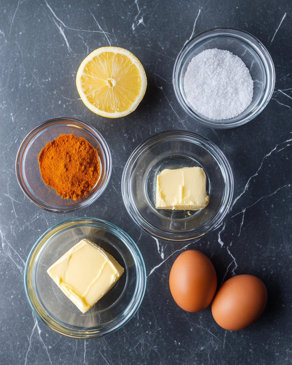 Six clear glass bowls and two brown eggs are arranged on a dark grey surface replaced with a white marbled texture. Starting from left to right, the first bowl holds a bright orange powdery spice, the second bowl is empty, the third bowl contains coarse white salt. Above these, a bright yellow half lemon sits on the left, a clear glass bowl with a square chunk of pale yellow butter is in the center, and two brown eggs rest on the right side. photo taken with an iphone --ar 4:5 --v 7