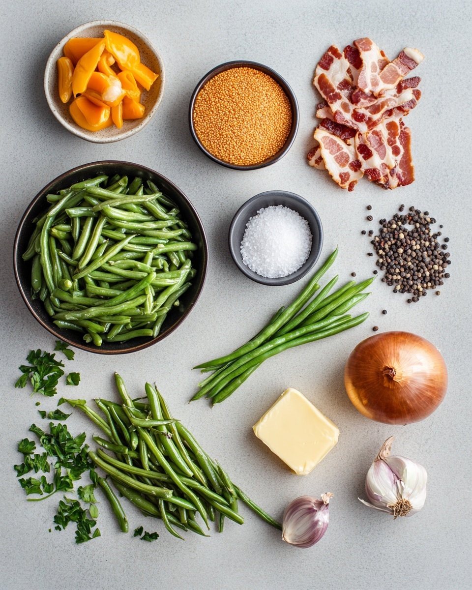 A white plate filled with cooked green beans as the base layer, each bean long, shiny, and slightly wrinkled, arranged loosely in a pile. On top is a generous layer of small, crispy bacon pieces and tiny bits of cooked onions scattered unevenly. The colors are mainly fresh green from the beans and various shades of reddish-brown for the bacon. The plate sits on a white marbled surface with a red and white checkered cloth partially visible on the upper left side. Photo taken with an iphone --ar 4:5 --v 7