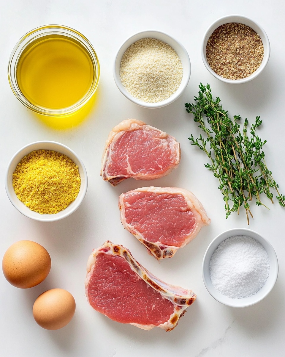 The image shows a white plate with three layers of food. The bottom layer is a piece of cooked meat with a light brown color and a crispy, textured golden-brown breaded crust covering the top and sides. On top of the meat lies a green rosemary sprig with needle-like leaves. Behind the meat is a bright yellow pile of cooked corn kernels, with a shiny, slightly moist texture. To the side of the corn and partially behind the meat, several green asparagus spears with a slightly glossy surface are laid horizontally. The plate sits on a white marbled surface, and the photo is taken with an iphone --ar 4:5 --v 7