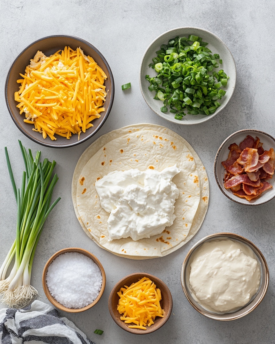 Several small yellow crunchy taco shells are filled and lined up closely on a white marbled surface. Each taco has a first layer of shredded white chicken meat with tender texture, topped by melted yellow and white cheese that looks soft and slightly melted. Scattered on top are crispy pieces of reddish-brown bacon and fresh green chopped spring onions, adding color contrast. The tacos have a warm and inviting look with melted cheese stringing slightly between them. photo taken with an iphone --ar 4:5 --v 7