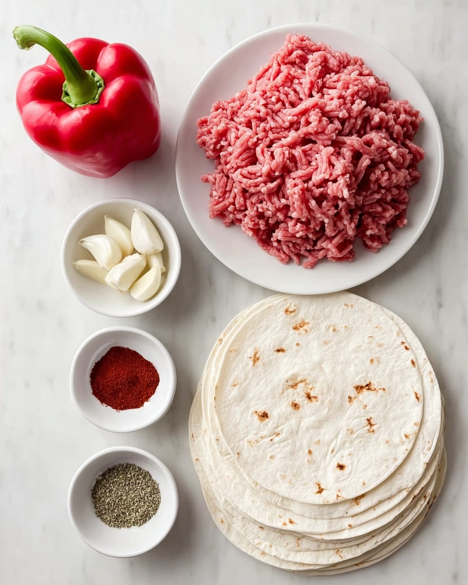 The image shows six ingredients arranged neatly on a white marbled surface. On the top left is a whole red bell pepper with a green stem, next to a white plate on the right that holds a large pile of pink raw ground meat with a slightly textured surface. Below the pepper are three small white bowls in a vertical line: the top bowl contains peeled garlic cloves, the middle bowl is filled with reddish-brown powder, and the bottom bowl has dried green herbs. On the bottom right is a stack of white flour tortillas with light brown spots, arranged in a slightly fanned-out manner. photo taken with an iphone --ar 4:5 --v 7