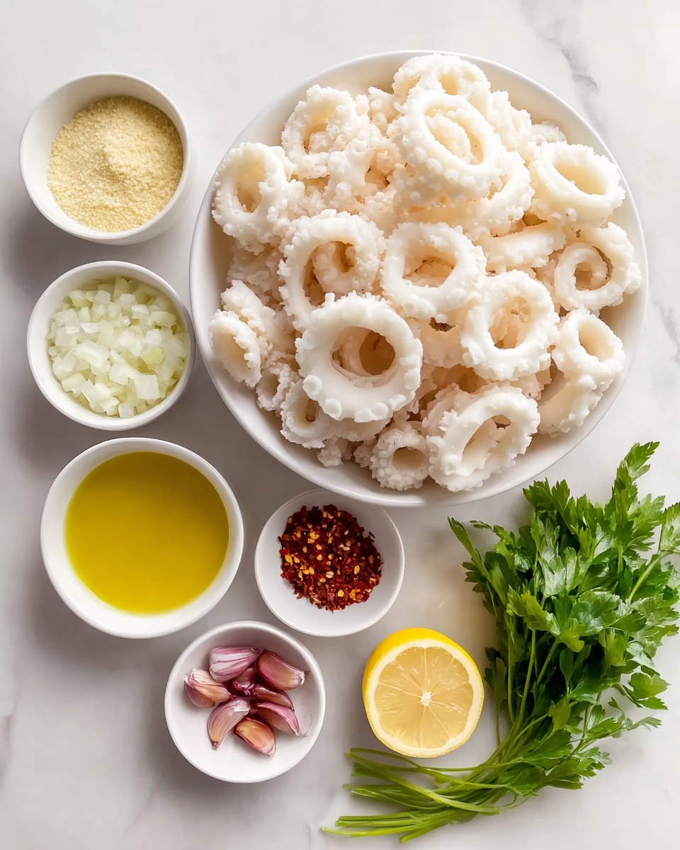 A white rectangular dish is filled with many golden brown fried onion rings, stacked in a loose pile with a crispy, crunchy texture visible on each ring. Two thin lemon wedges, one round and one quartered, sit neatly in the upper right corner of the dish. The dish rests on a white marbled surface, showing a clean and simple setting that highlights the warm tones and detailed coating of the onion rings. photo taken with an iphone --ar 4:5 --v 7