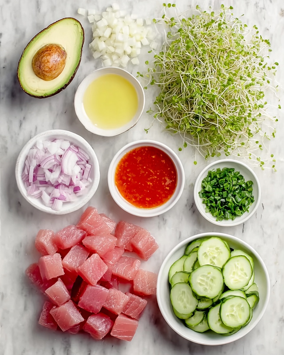 The dish shows a round stack with two layers: the bottom layer is made of light green avocado cubes, and the top layer is red tomato cubes mixed with spices. On top of this stack, there is a small pile of mixed green and purple microgreens. The white plate has a swirl of light pink sauce around the stack, with small green chive pieces scattered over the sauce. In the back right side of the plate, there are two lemon slices placed slightly overlapping. The whole setup is on a white marbled surface. photo taken with an iphone --ar 4:5 --v 7