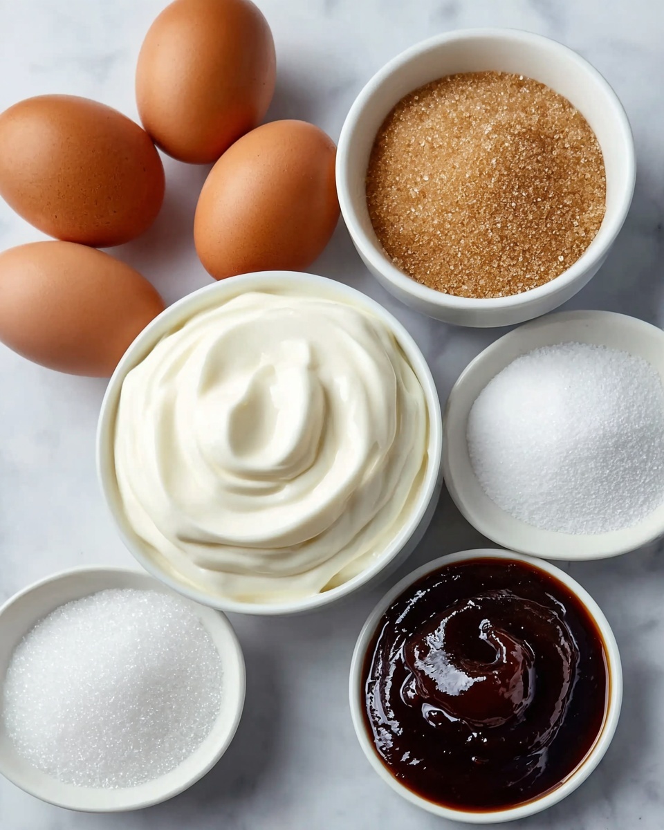 The image shows two white scalloped ramekins filled with a smooth, pale yellow custard base topped with a thin, caramelized amber-brown sugar crust that has a slightly shiny and bubbly texture. The custard is evenly spread inside each ramekin, with the caramel layer covering the surface in an irregular burnt pattern. Next to the ramekins, there are two long, dark brown vanilla beans placed on a white marbled surface. The overall scene has bright natural light and sharp focus, with a clean and simple look. photo taken with an iphone --ar 4:5 --v 7