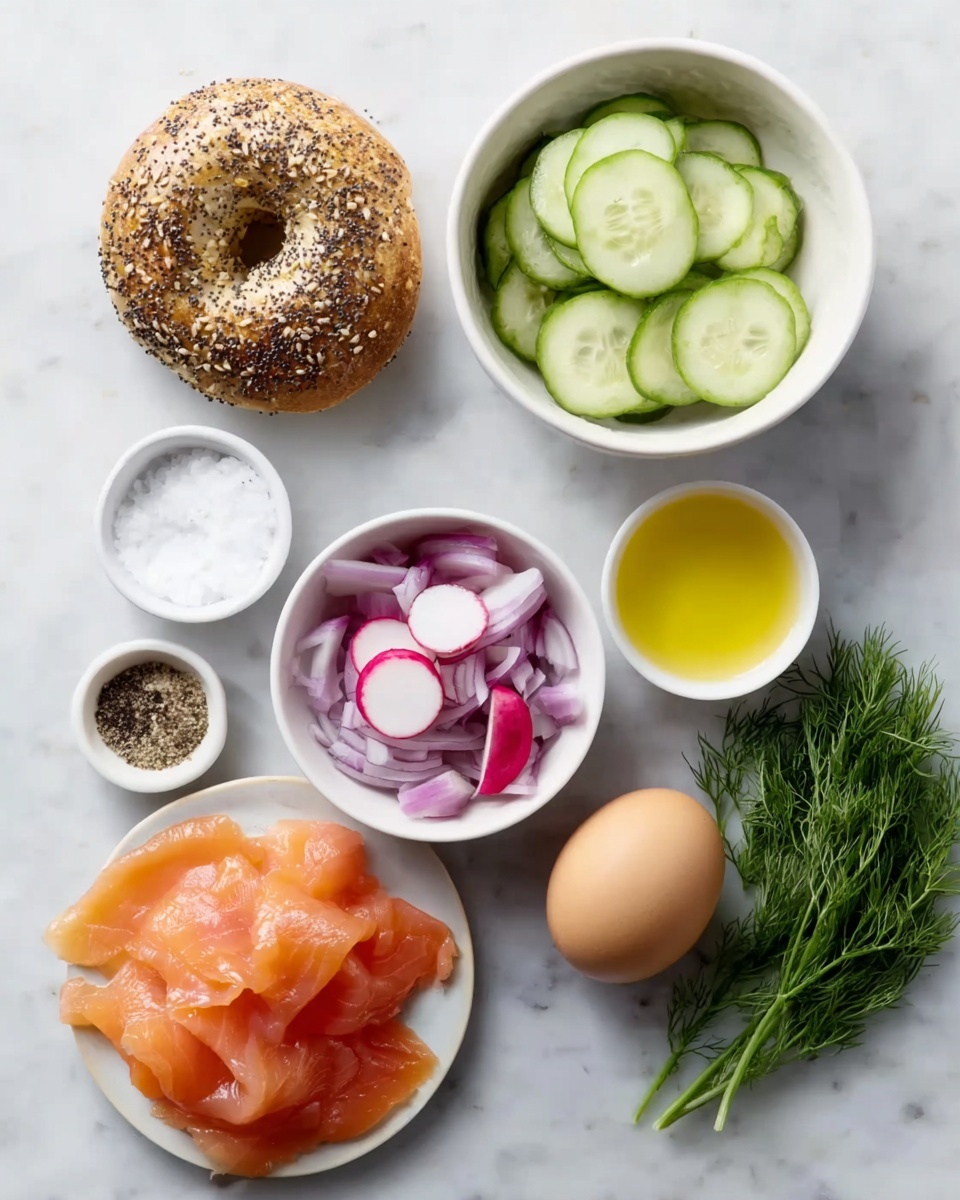 The image shows an arrangement of ingredients on a white marbled surface. On the top left is a bagel covered in seeds, with a golden brown color. To the right of the bagel is a white bowl filled with thin, round cucumber slices, light green with darker green edges. Below the bagel is a white bowl containing red onion slices and round radish slices, with a mix of white, red, and purple colors. Next to it is a single brown egg. Below the egg is a small white bowl holding coarse salt crystals. To the right of the salt is a small white bowl of ground black pepper. Above the pepper is a white bowl filled with golden yellow liquid, likely oil or melted butter. On the bottom right is a white plate piled with thin salmon slices, bright orange with smooth texture. To the right of the liquid is a small bunch of fresh green dill. Photo taken with an iphone --ar 4:5 --v 7