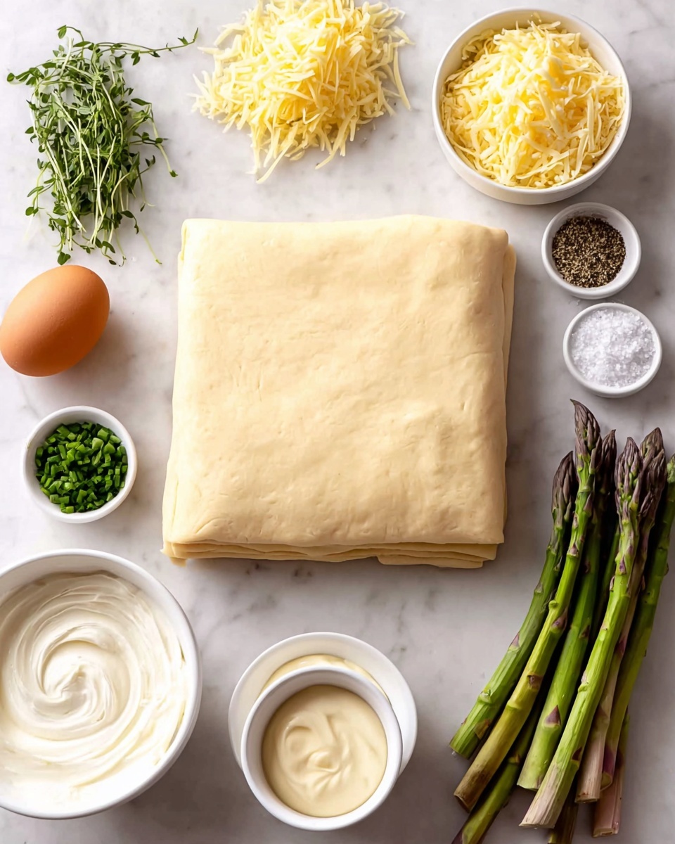 Three square tarts sit on white plates over a white marbled surface with some brown paper beneath the center plate. Each tart has a golden-brown, flaky puff pastry crust forming a thick border around a creamy white cheese layer. On top of the cheese, several green asparagus spears are neatly placed side by side, aligned lengthwise with the tarts. Small purple flower petals and fresh green herb leaves are scattered on and around the tarts, adding a splash of color and freshness to the scene. Photo taken with an iphone --ar 4:5 --v 7